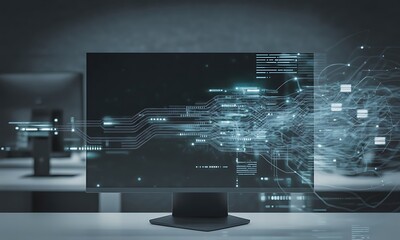 Computer monitor displaying abstract digital data in a modern office setting.