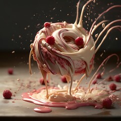 Pink Beige Iced Donut Mockup with Raspberries Splash

