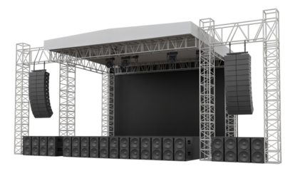 Dynamic concert stage setup with massive speakers and lighting truss ready for a spectacular performance.