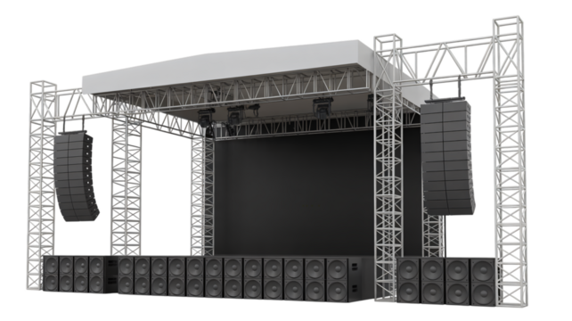 Dynamic concert stage setup with massive speakers and lighting truss ready for a spectacular performance.