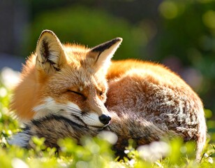 Naklejka premium Red fox sleeping in grass