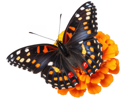 Detailed black butterfly with orange and white spots resting on a bright orange flower isolated on transparent background