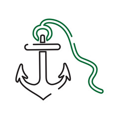 Ship Anchor Icon with Green Rope, Stability and Security Symbol 