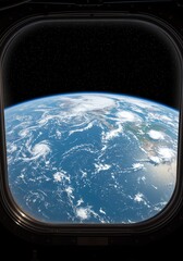 Naklejka premium Earth From Space View Through Spacecraft Window with Starry Background