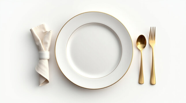 Elegant gold cutlery set with white plate and napkin isolated on white background, perfect for a luxurious dinner party or wedding celebration with a formal table setting
