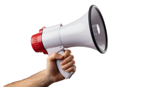 Announce important news loud and clear with this classic megaphone held by a hand