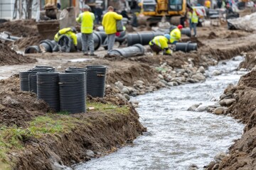 City workers installing pipes along a stream