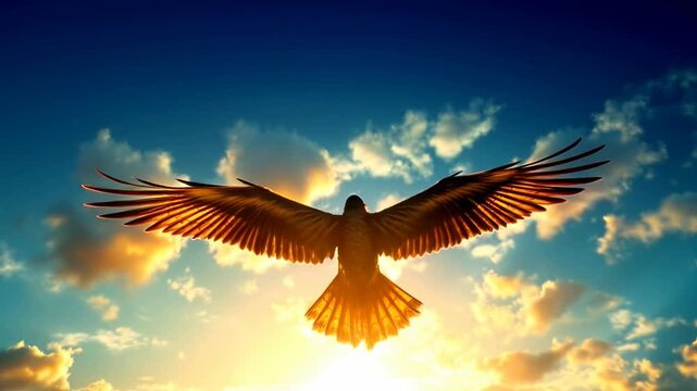 An eagle in silhouette flying in the sky towards the sun.