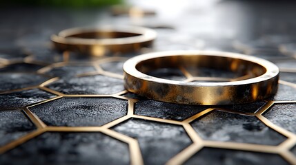 Precision-cut gold geometric slices layered in an infinite loop design across a satin black field