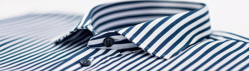 Close up of striped dress shirt with crisp collar and buttons, showcasing classic and elegant design