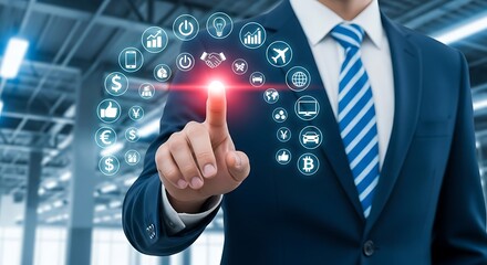 Businessman interacting with a holographic interface displaying various business icons in a modern industrial setting.