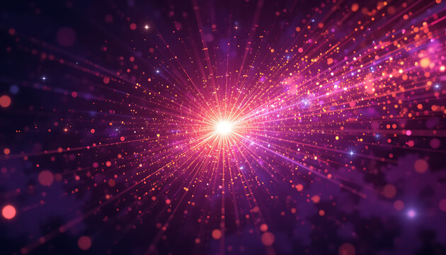 Abstract blust in the middle and tine particles in warm colors spreading from the burst all the way in dark purple background, sparkling, quantum energy theme, negative space on the right , shimmering