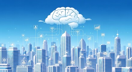 A futuristic city skyline with a brain-shaped cloud, symbolizing technological advancement and interconnectedness.