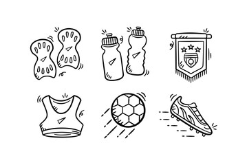 Football equipment hand drawn illustration. Set of soccer kit collection vector icon doodle. Containing ball, sport bra, water bottle, shoes, club flag, shin protector outline style design.