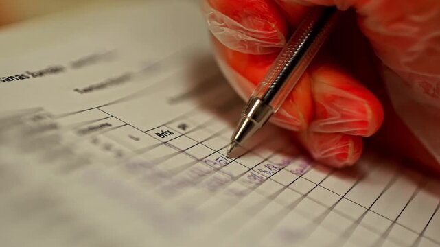 Gloved hand writing data into quality control sheet during inspection