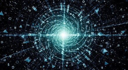 A swirling vortex of data and digital information, radiating light and energy.