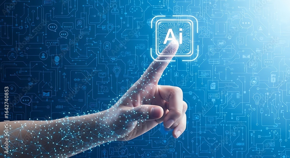 Poster a human finger touching an ai button, representing technological advancement and artificial intellig
