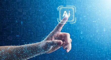 A human finger touching an AI button, representing technological advancement and artificial intelligence.