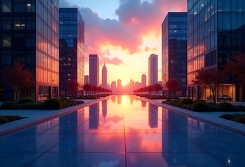 Sleek modern glass skyscraper with reflective facade in vibrant urban setting. Captures contemporary corporate architecture, ideal for real estate, business, and cityscape-themed creative projects.