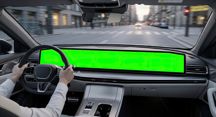 Driver's view in a modern car with a wide green screen dashboard for mockup.