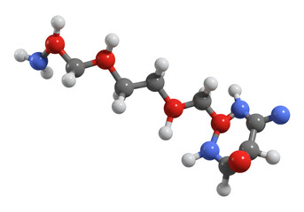 黒の背景に分離された白と赤と青の原子分子モデルの3Dレンダリング