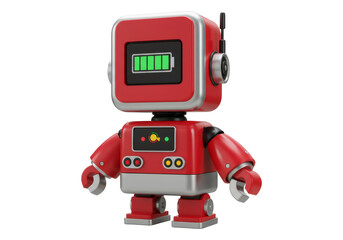 Fototapeta premium 赤いロボットのおもちゃフルバッテリー表示と透明な背景の未来的なオートメーションの3Dレンダリング