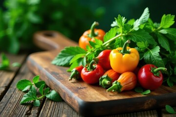 A vibrant collection of colorful mini bell peppers, freshly harvested and arranged on a rustic wooden cutting board, adorned with lush green foliage.