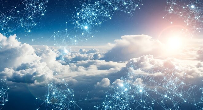 A sunlit sky above fluffy clouds interwoven with a network of glowing connections.
