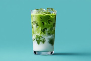 Iced Matcha Latte in Glass on Teal Background, Refreshing Drink