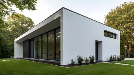 Minimalist modern house exterior with geometric architecture design, flat roof, large glass windows, and white facade surrounded by green lawn and natural landscape