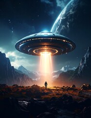 A lone figure witnesses a descending spacecraft above a mountainous alien landscape