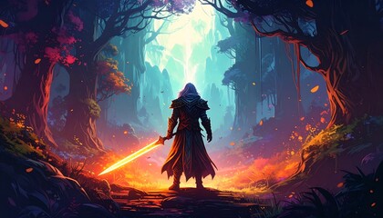 A lone warrior, back to viewer, stands in a vibrant forest path, a glowing sword in hand, facing a mystical, light-filled clearing