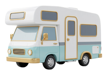 白いとターコイズ色のレトロなキャンピングカーが透明な背景に描かれた3Dレンダリング