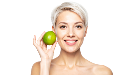 Healthy lifestyle action woman holding lime studio portrait bright freshness concept