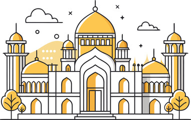 Line art illustration of intricate Islamic architecture featuring domes and arches against a minimalist background.
