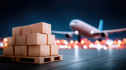 Stacked cardboard boxes on wooden pallet with airplane and city lights in background, symbolizing fast and reliable air cargo shipping at night