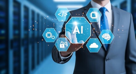 Businessman interacts with a holographic AI interface, showcasing its various applications and capabilities within a data center.