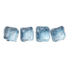  four ice cubes in a row on white background