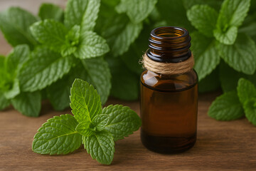 Essential Mint Essence: The essence of refreshment captured in a close-up shot of a glass bottle with fresh, vibrant mint leaves, showcasing its aromatic potential. 