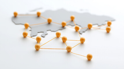Obraz premium Network connection concept with orange pins and string on map background showing linked points in bright setting