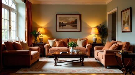 Fototapeta premium A Luxurious Living Room with Warm Lighting, Comfortable Furnishings, and Elegant Decor