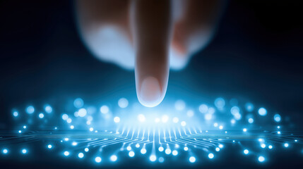 Finger touching digital interface with glowing blue lights and circuit lines, futuristic technology concept with bright bokeh effect