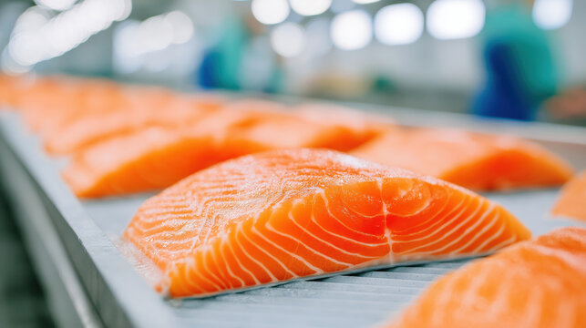 Fresh salmon fillet pieces with vibrant orange color neatly arranged on conveyor belt in seafood processing facility