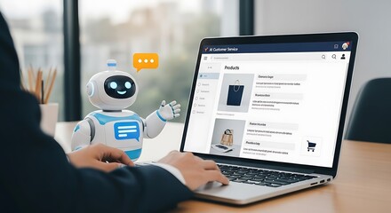 Illustration of a person uses a laptop while an ai chatbot provides assistance for online shopping