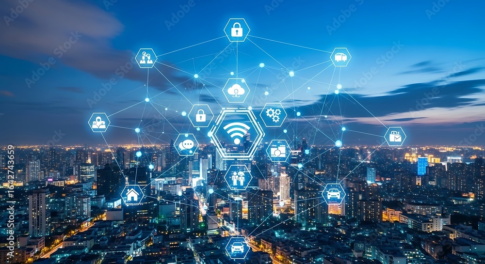 Aufkleber digital network overlaying a sprawling cityscape, illustrating interconnected technology and data fl