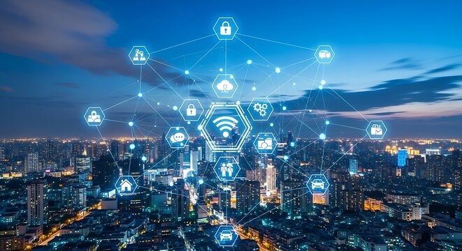 Digital network overlaying a sprawling cityscape, illustrating interconnected technology and data flow.