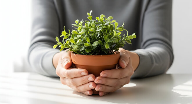 Fototapeta Person holding a small potted green plant with vibrant leaves in a cozy indoor setting emphasizing nature and sustainability for gardening and eco-friendly themes