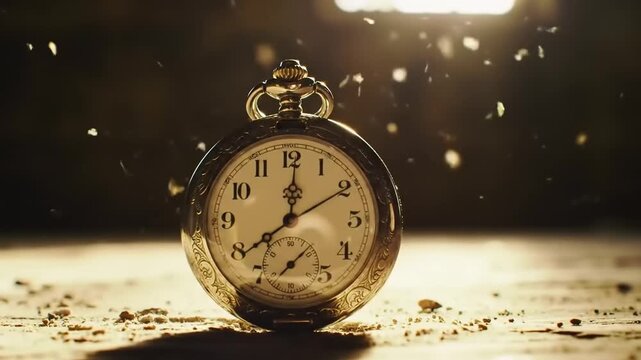 Antique pocket watch resting on a wooden surface, illuminated by soft light, with dust particles floating