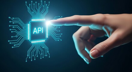 A human finger touches a glowing API symbol on a circuit board, representing technology and access.
