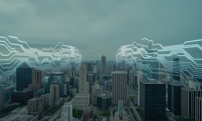 Aerial view of a city with digital data streams flowing around the buildings.